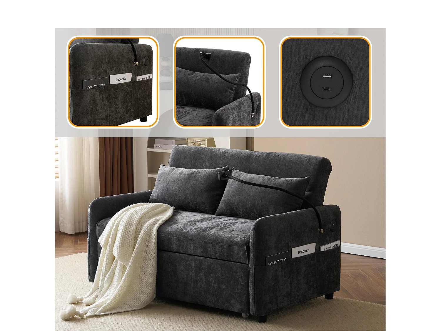 Canapé convertible réglable multi-angles en tissu chenille - 2 places - avec support téléphone et Ports USB - Gris
