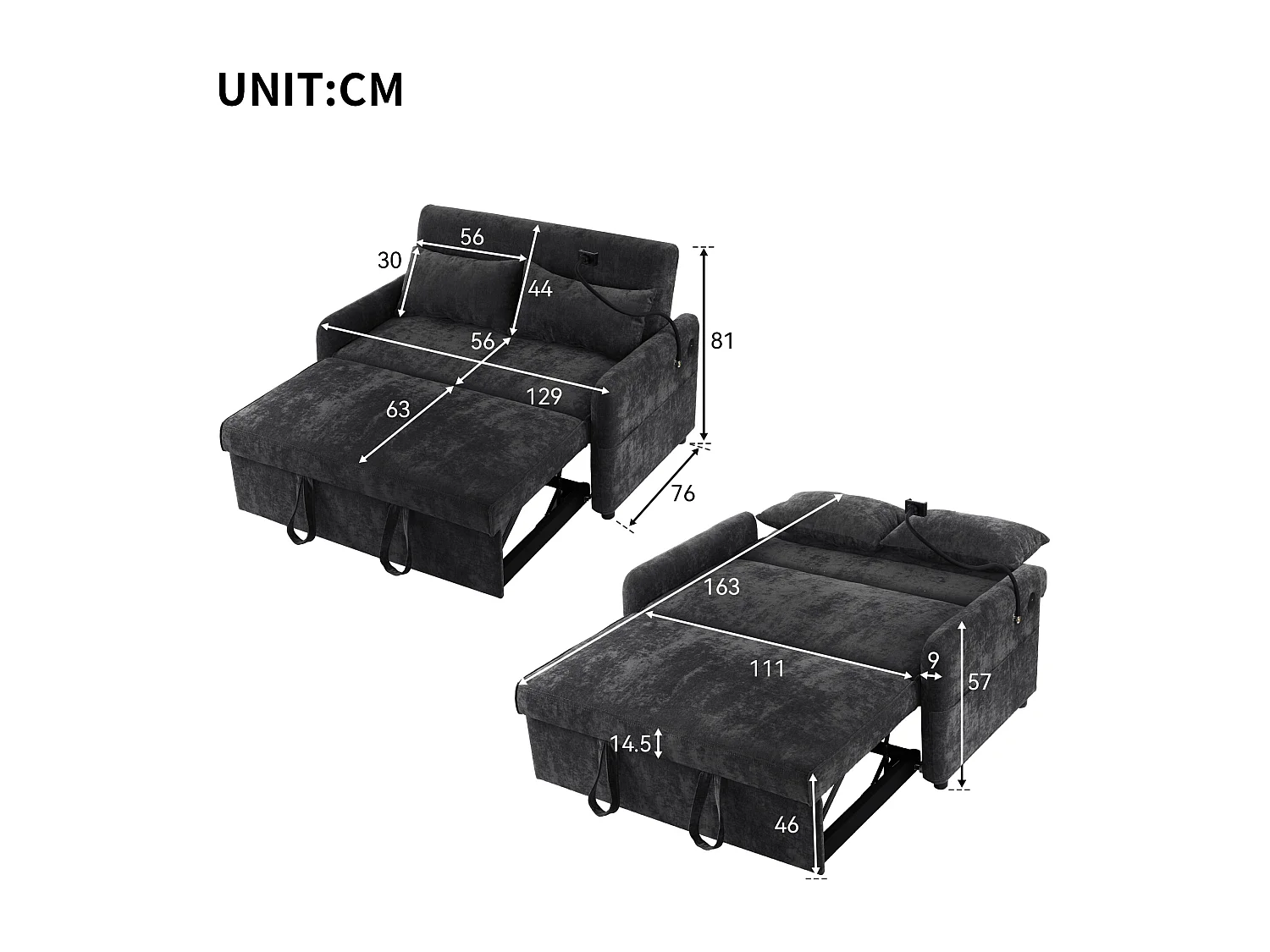 Canapé convertible réglable multi-angles en tissu chenille - 2 places - avec support téléphone et Ports USB - Gris