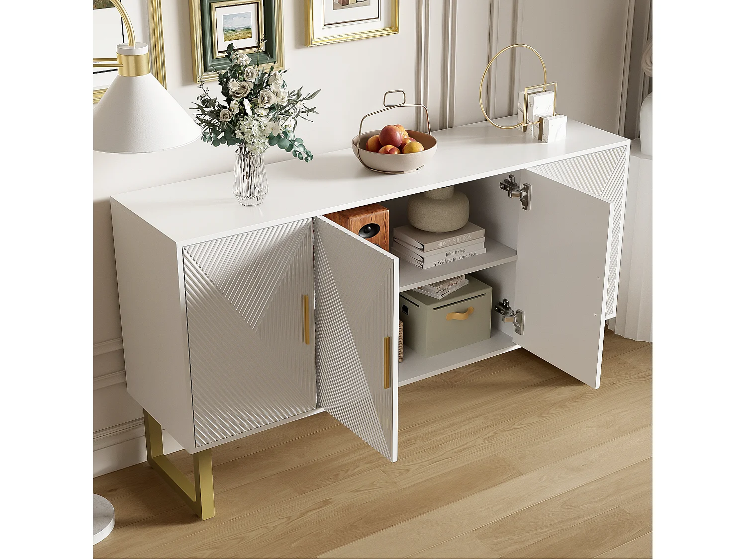 Buffet moderne - 4 portes avec étagères réglables - Blanc