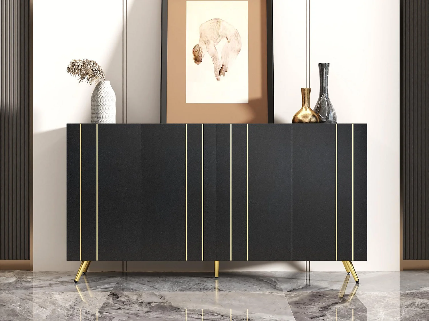 Buffet moderne - 4 portes avec étagères réglables - Noir