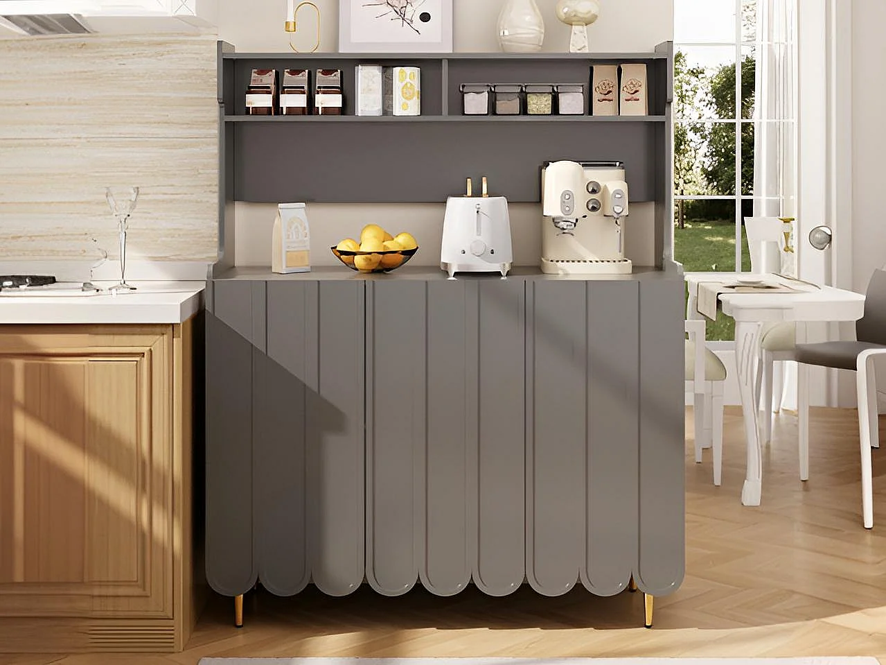 Buffet haut - 3 compartiments et 3 portes - en MDF - Gris