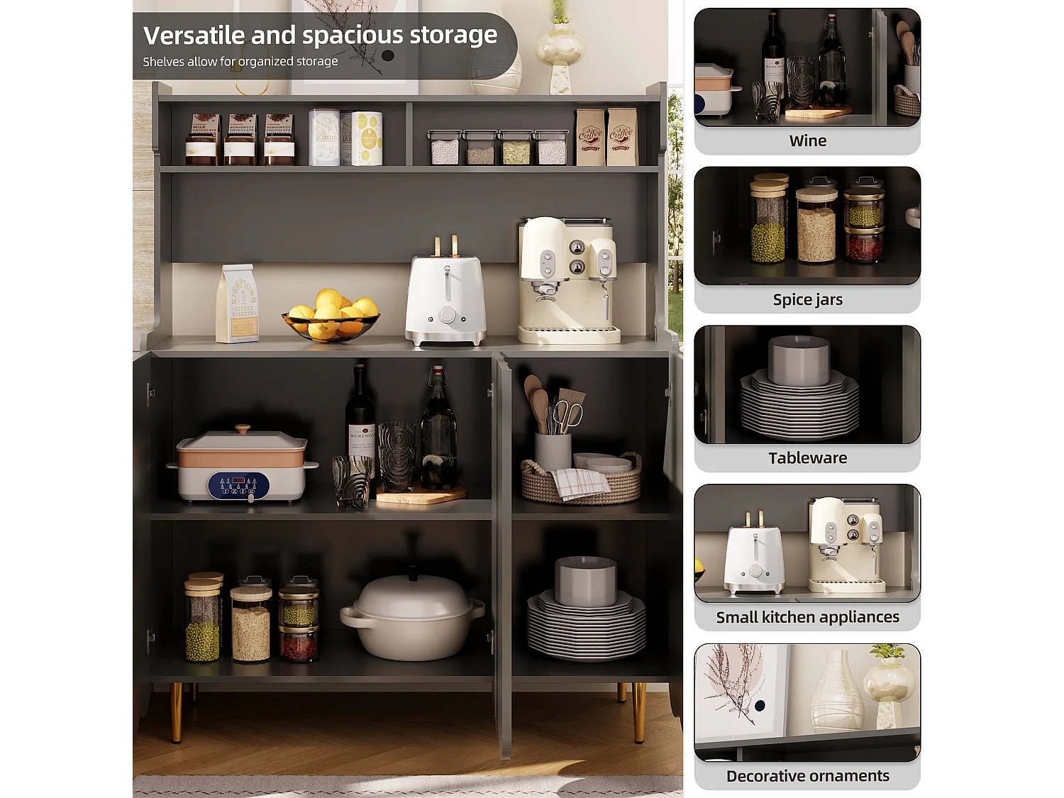 Buffet haut - 3 compartiments et 3 portes - en MDF - Gris