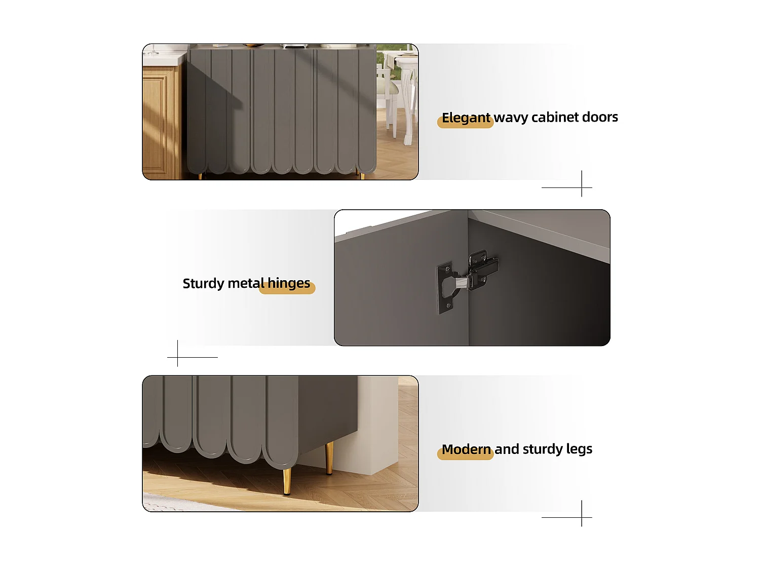 Buffet haut - 3 compartiments et 3 portes - en MDF - Gris