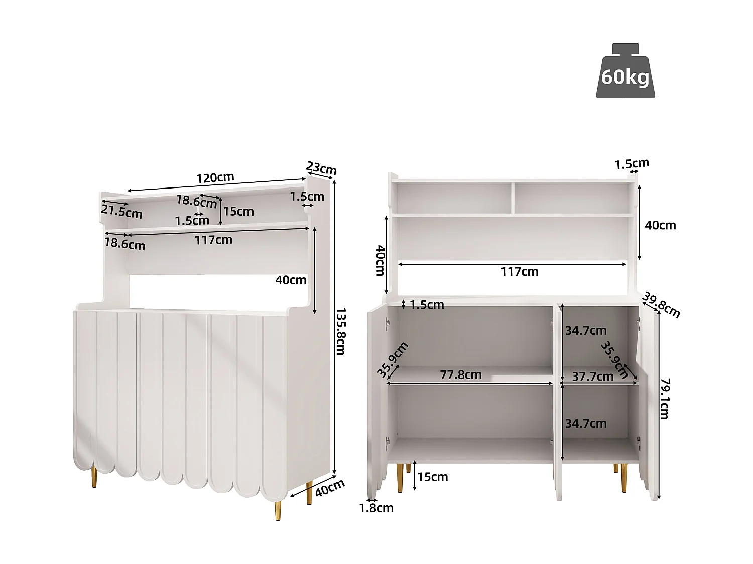 Buffet haut - 3 compartiments et 3 portes - en MDF - Blanc