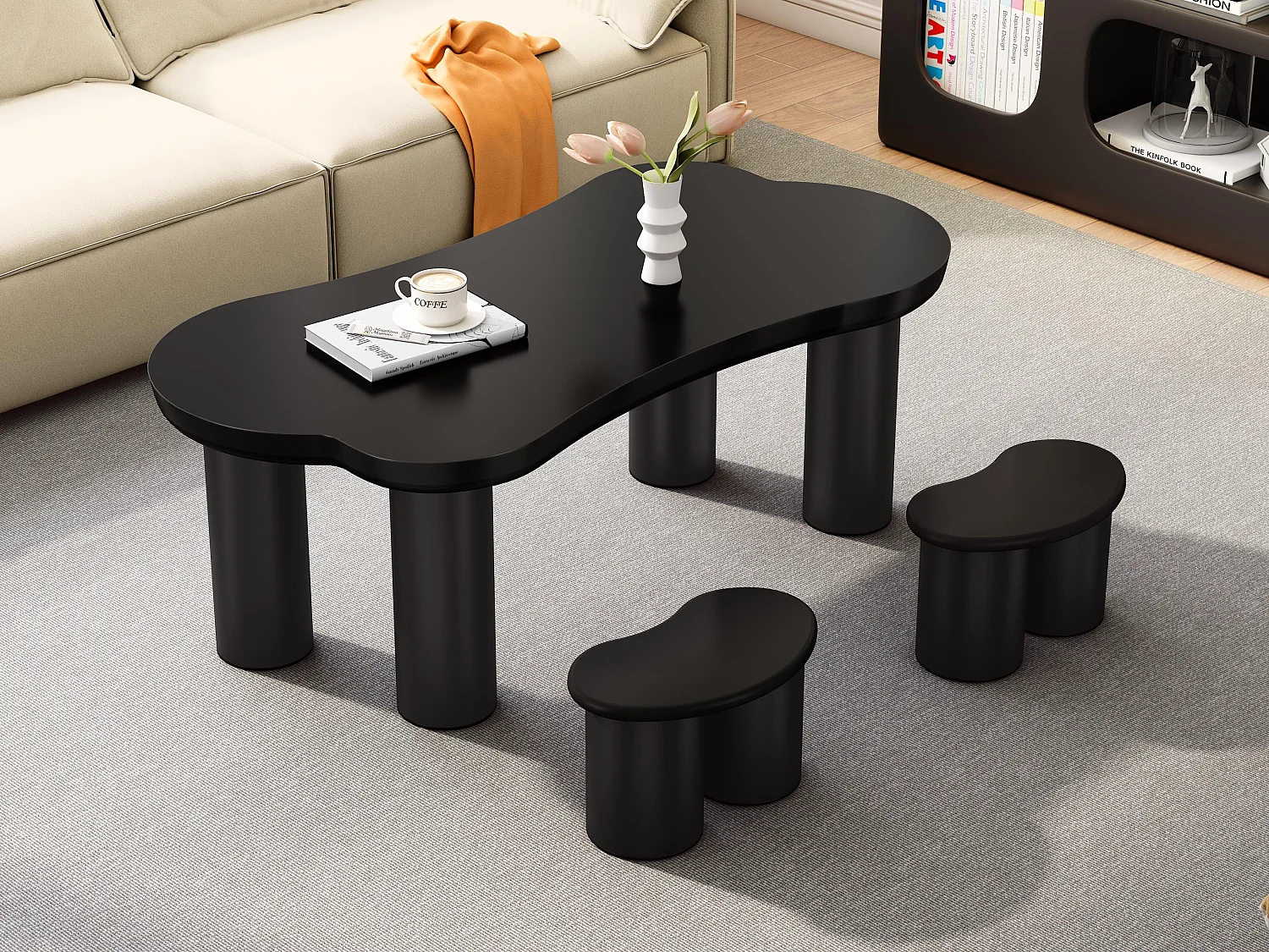 Table basse en MDF - avec 2 petits tabourets - plateau incurvé irrégulier et élégant - Noir