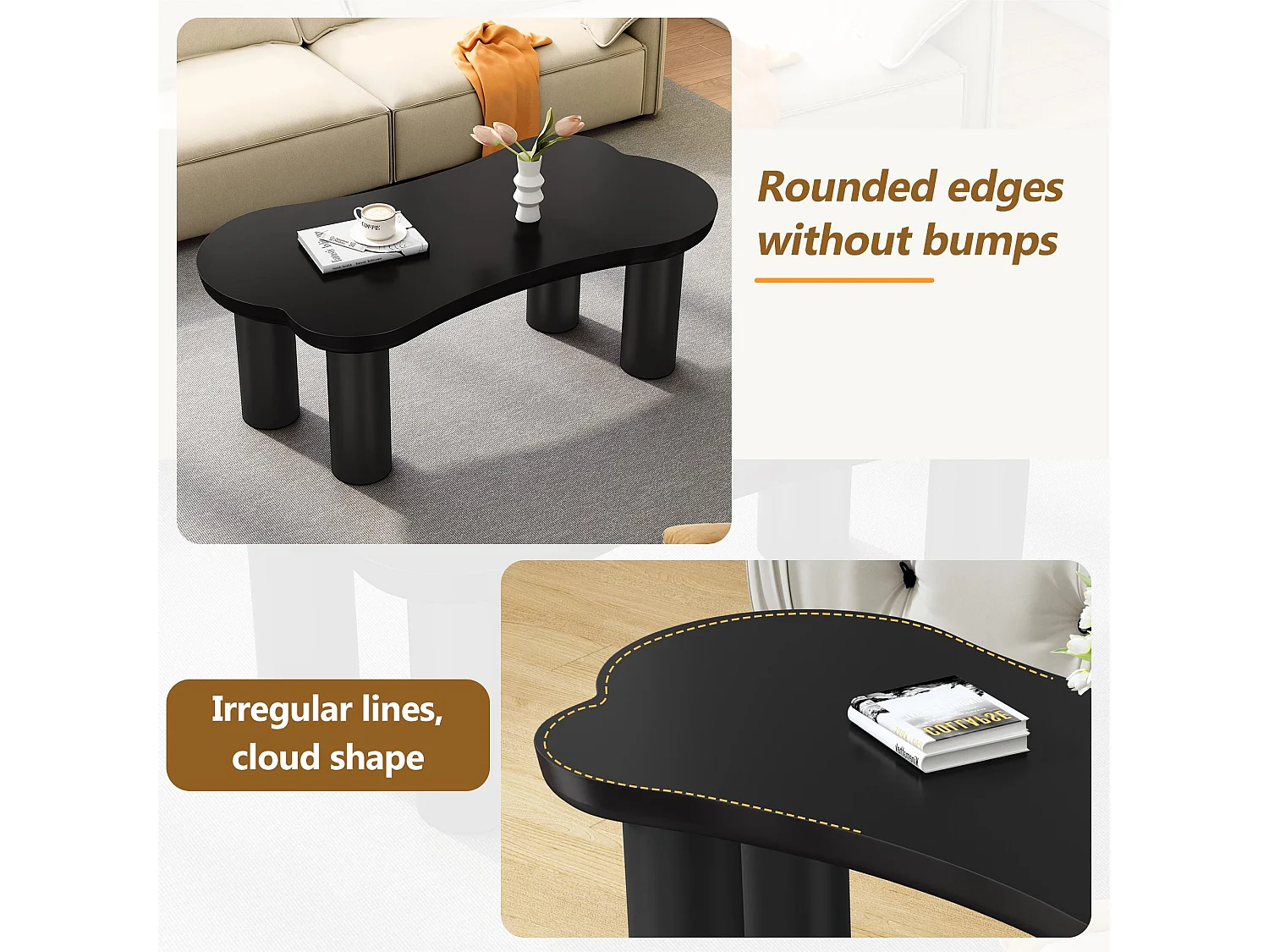 Table basse en MDF - avec 2 petits tabourets - plateau incurvé irrégulier et élégant - Noir