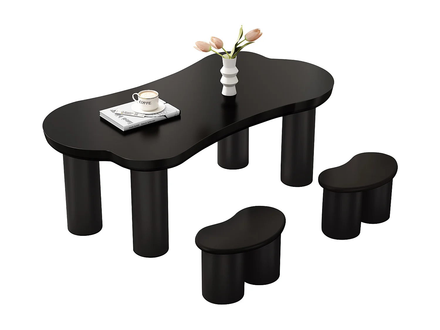 Table basse en MDF - avec 2 petits tabourets - plateau incurvé irrégulier et élégant - Noir