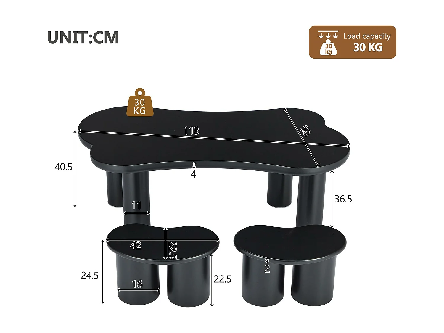 Table basse en MDF - avec 2 petits tabourets - plateau incurvé irrégulier et élégant - Noir