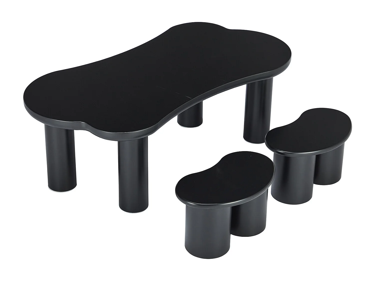 Table basse en MDF - avec 2 petits tabourets - plateau incurvé irrégulier et élégant - Noir