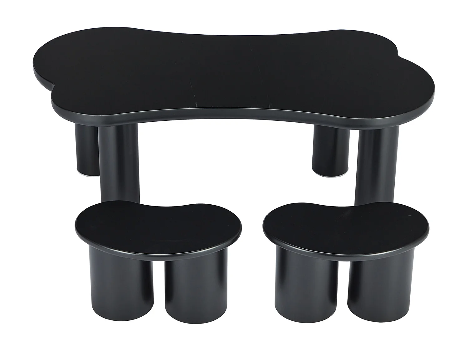 Table basse en MDF - avec 2 petits tabourets - plateau incurvé irrégulier et élégant - Noir