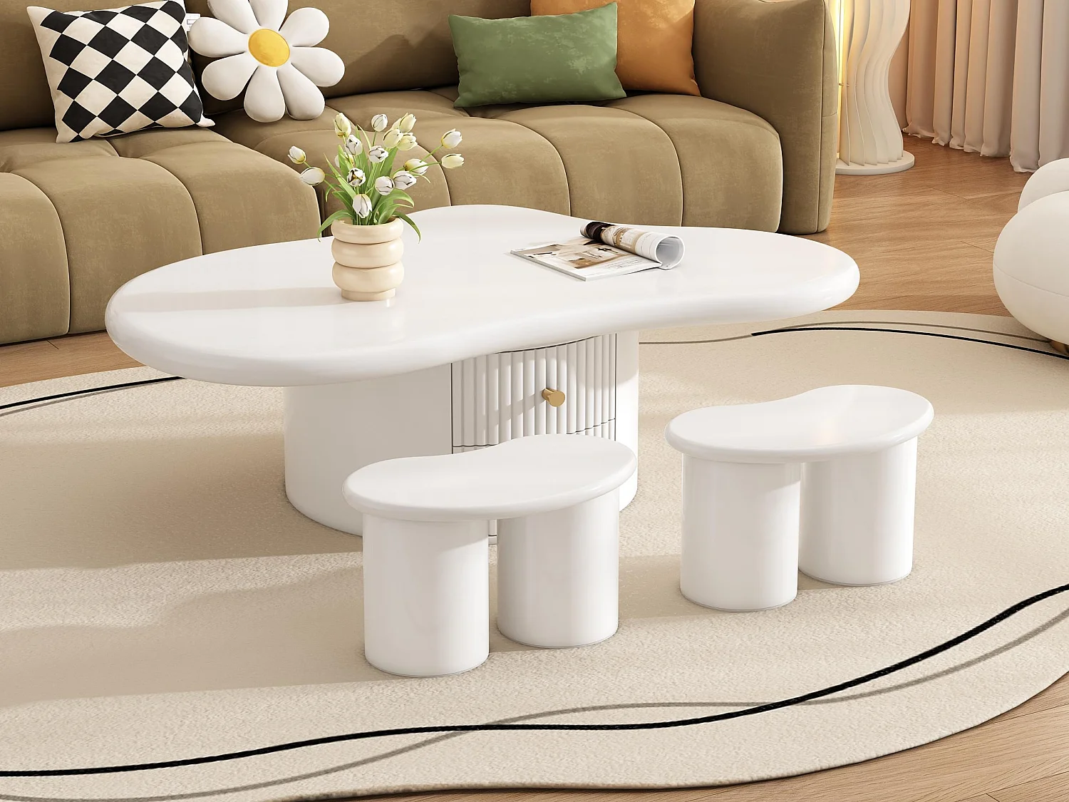 Table basse en MDF - avec 2 tiroirs et 2 tabourets - Blanc