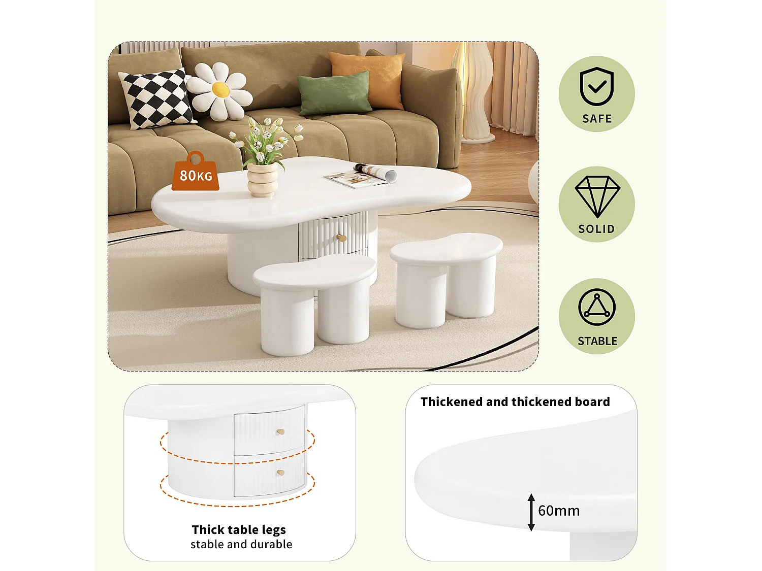 Table basse en MDF - avec 2 tiroirs et 2 tabourets - Blanc