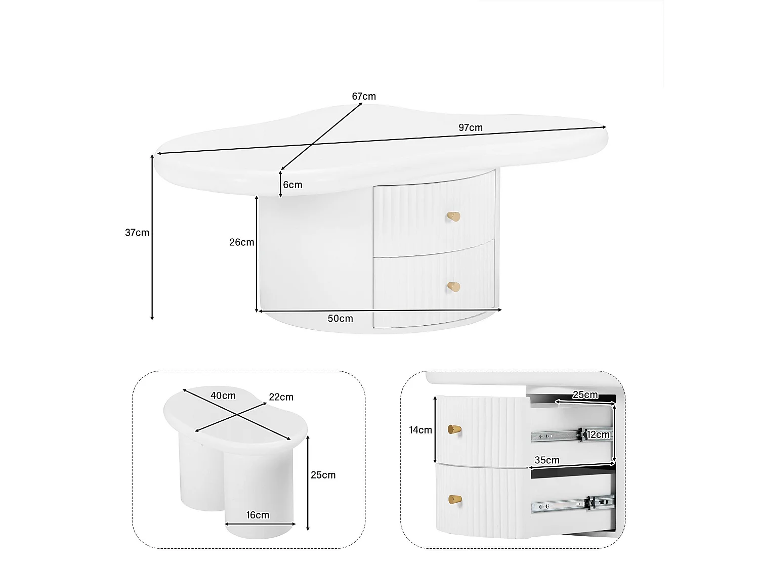 Table basse en MDF - avec 2 tiroirs et 2 tabourets - Blanc