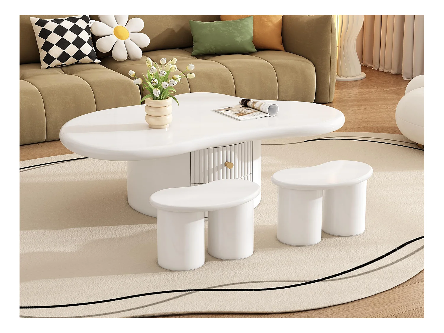 Table basse en MDF - avec 2 tiroirs et 2 tabourets - Blanc
