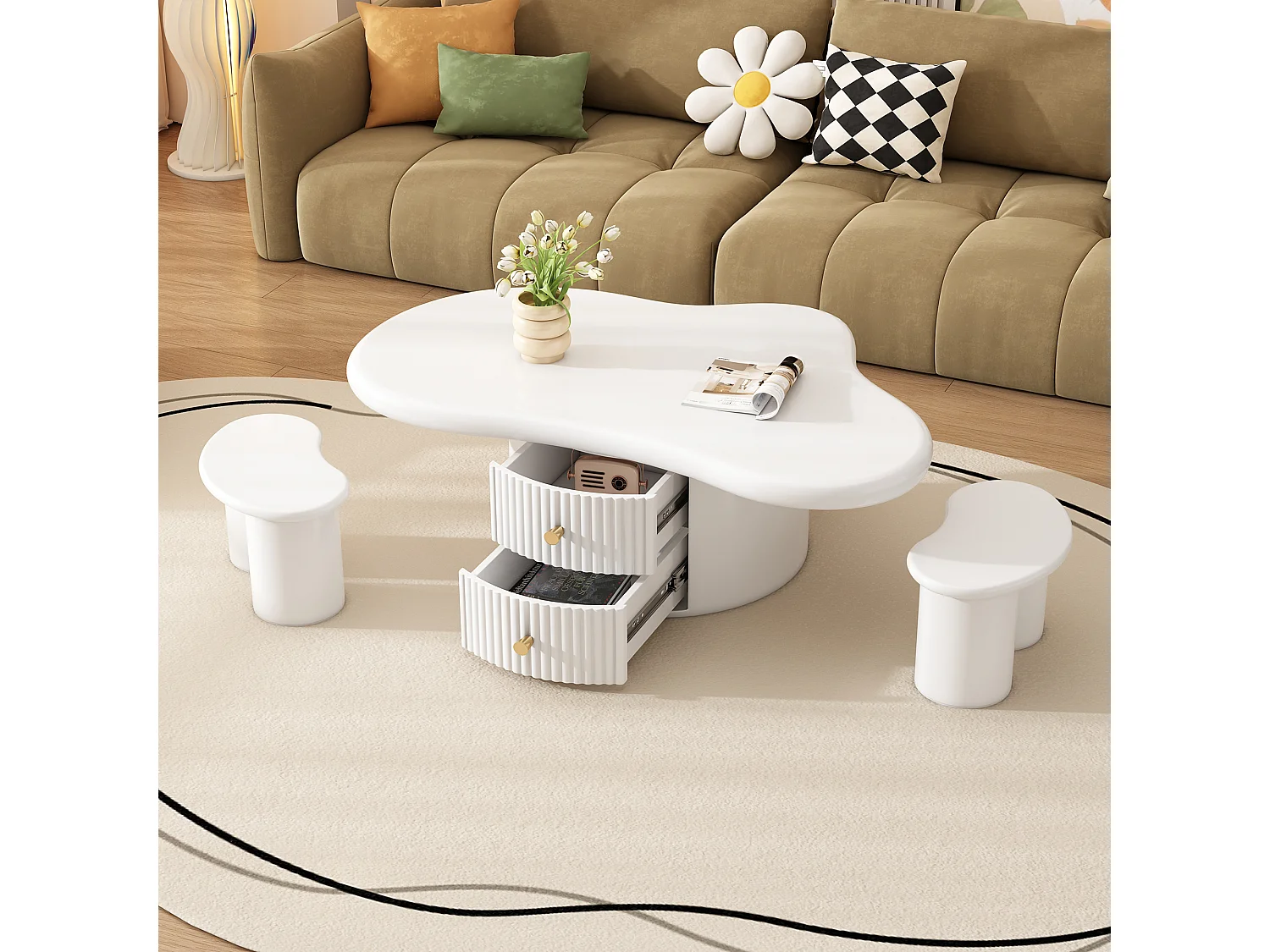 Table basse en MDF - avec 2 tiroirs et 2 tabourets - Blanc