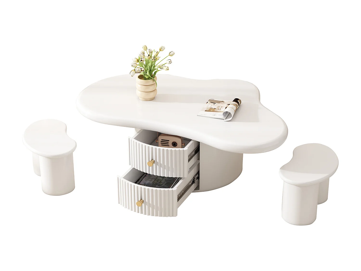 Table basse en MDF - avec 2 tiroirs et 2 tabourets - Blanc