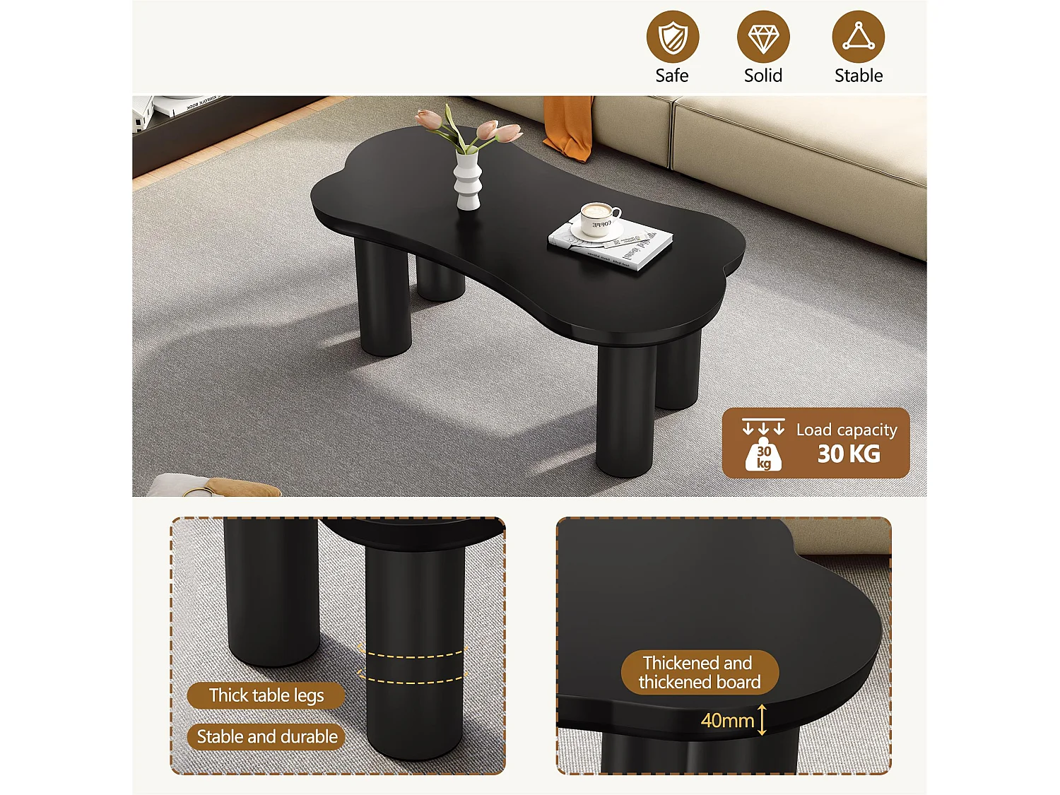 Mesa de centro de MDF - tapa curva irregular y elegante - Negro