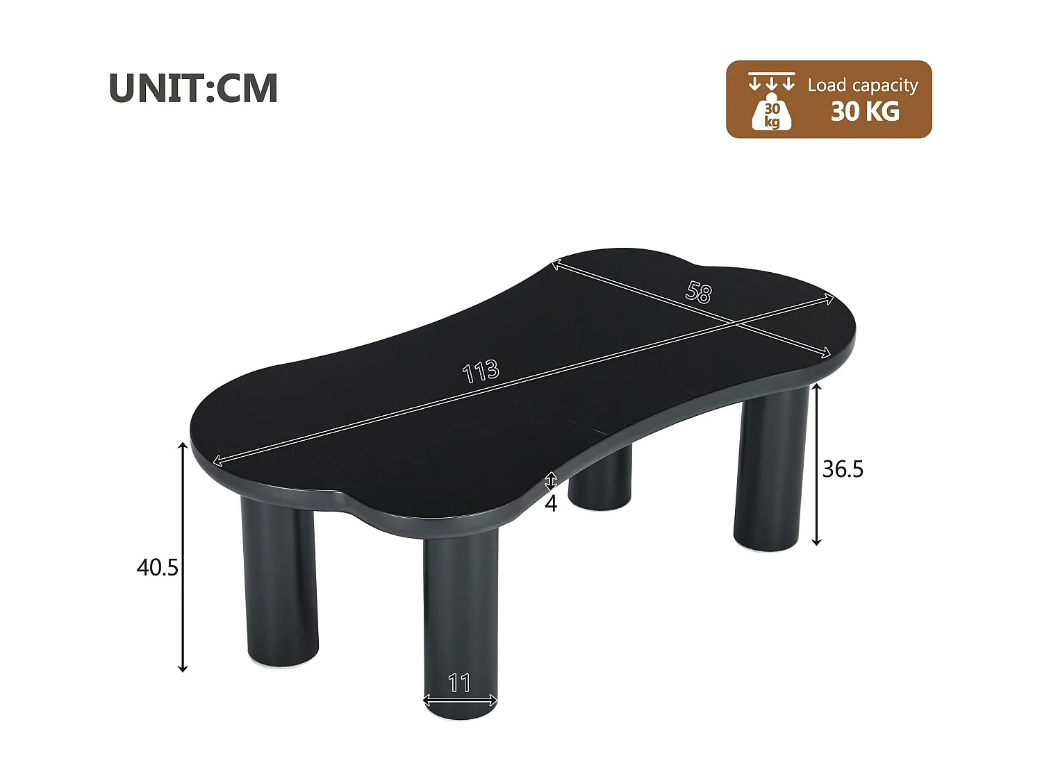 Mesa de centro de MDF - tapa curva irregular y elegante - Negro