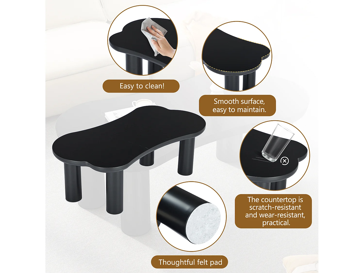 Mesa de centro de MDF - tapa curva irregular y elegante - Negro