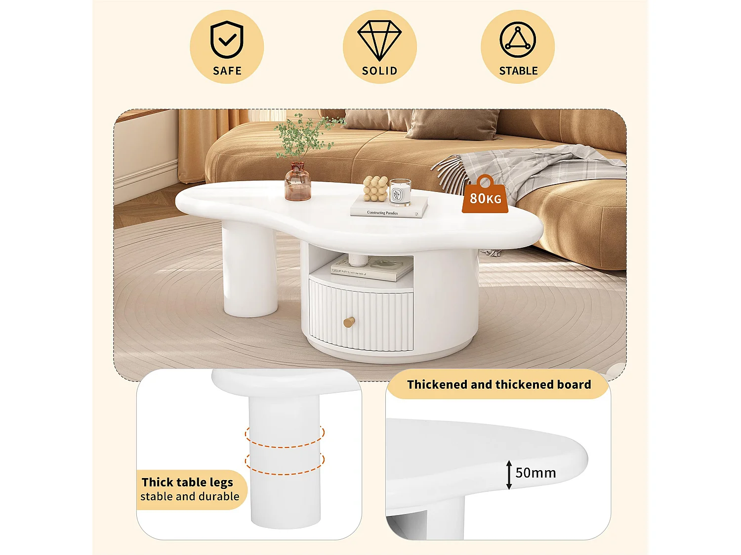 Table basse en MDF - avec 1 tiroir et 1 compartiment - Blanc