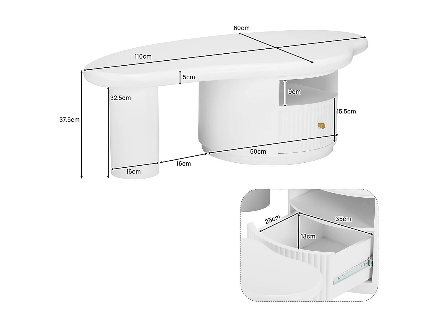 Table basse en MDF - avec 1 tiroir et 1 compartiment - Blanc