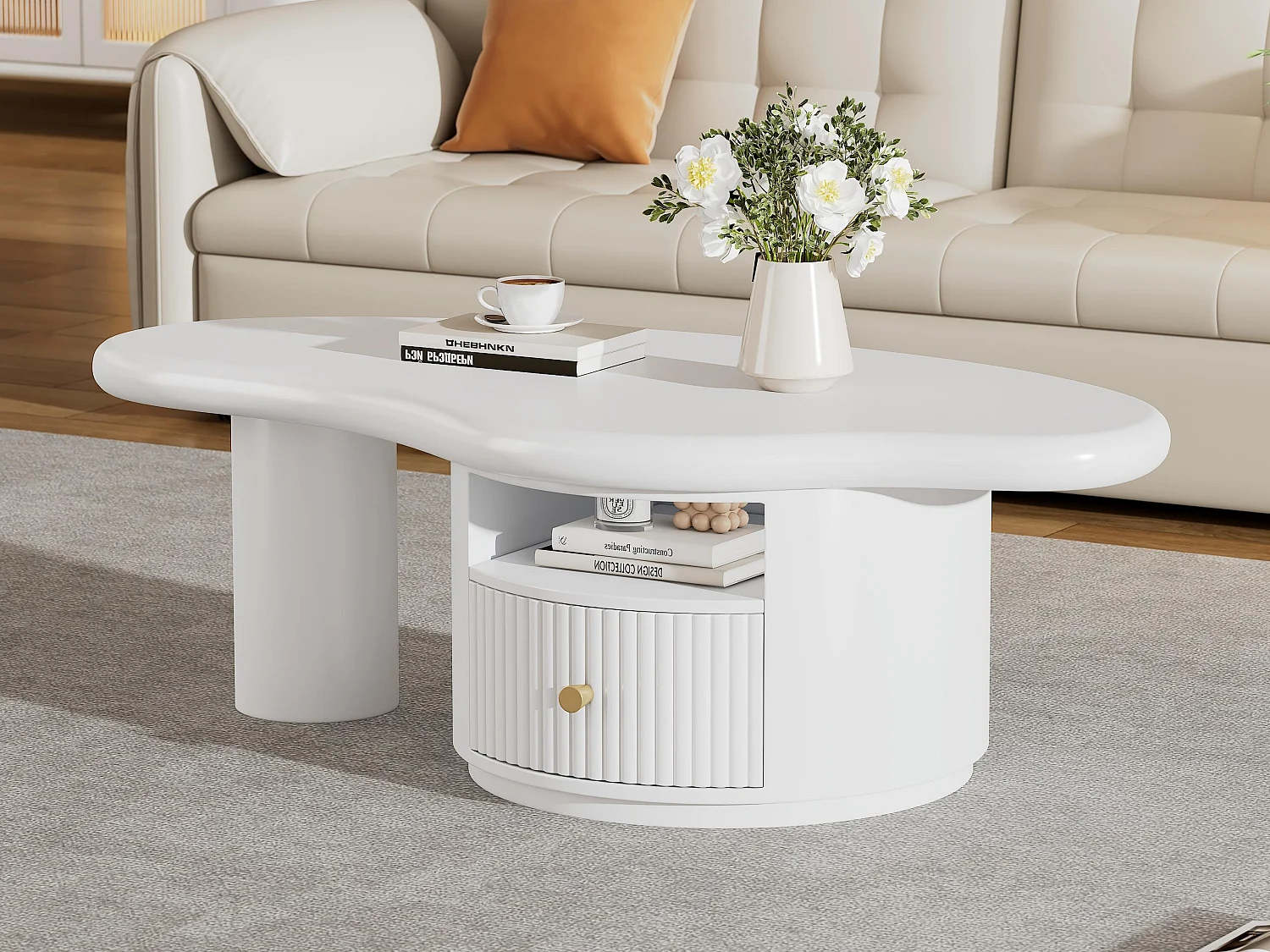 Couchtisch aus MDF – mit 1 Schublade und 1 Fach – Weiß