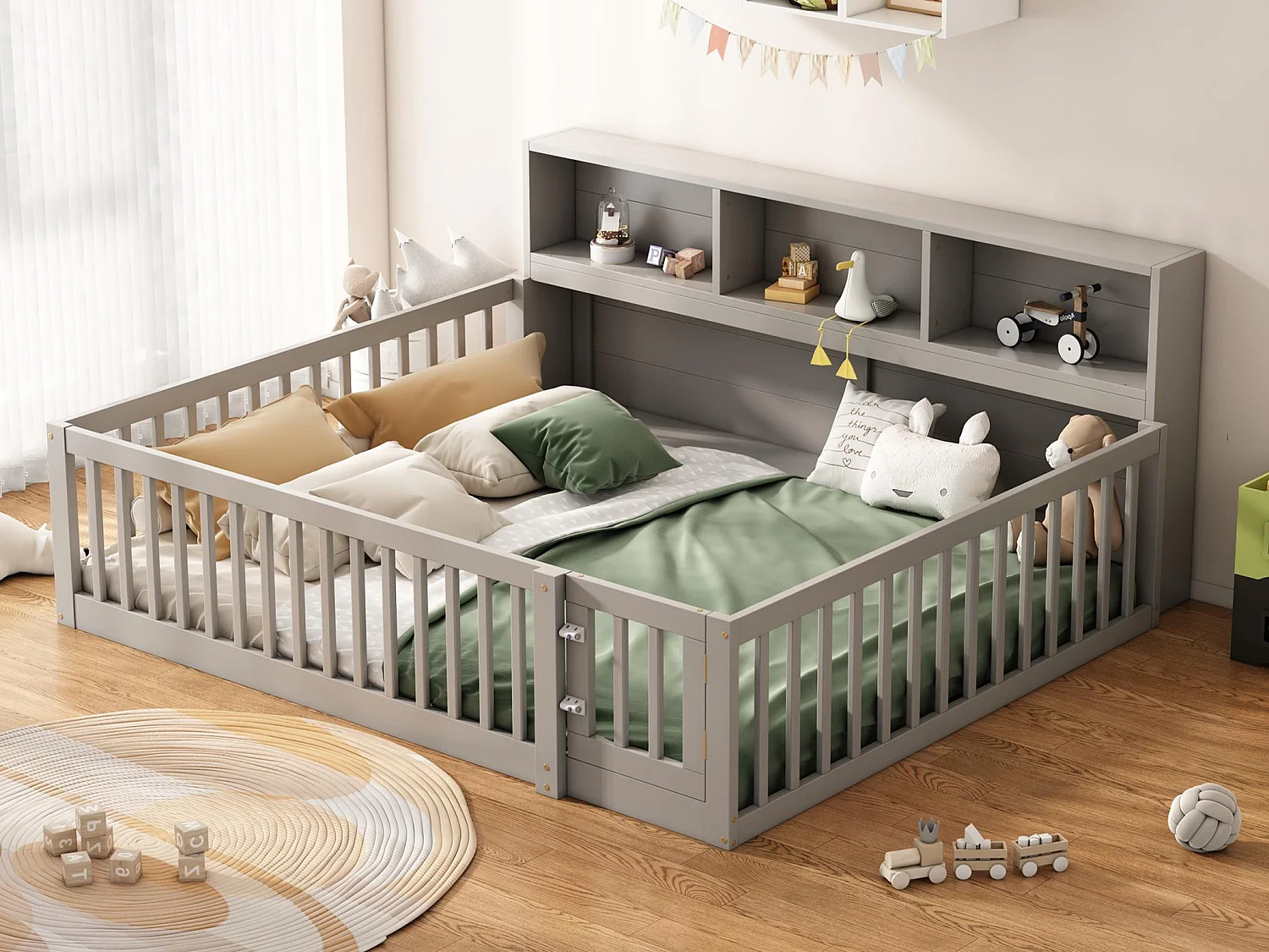 Letto in legno 140x200cm - con testiera contenitore e rete a doghe - Grigio