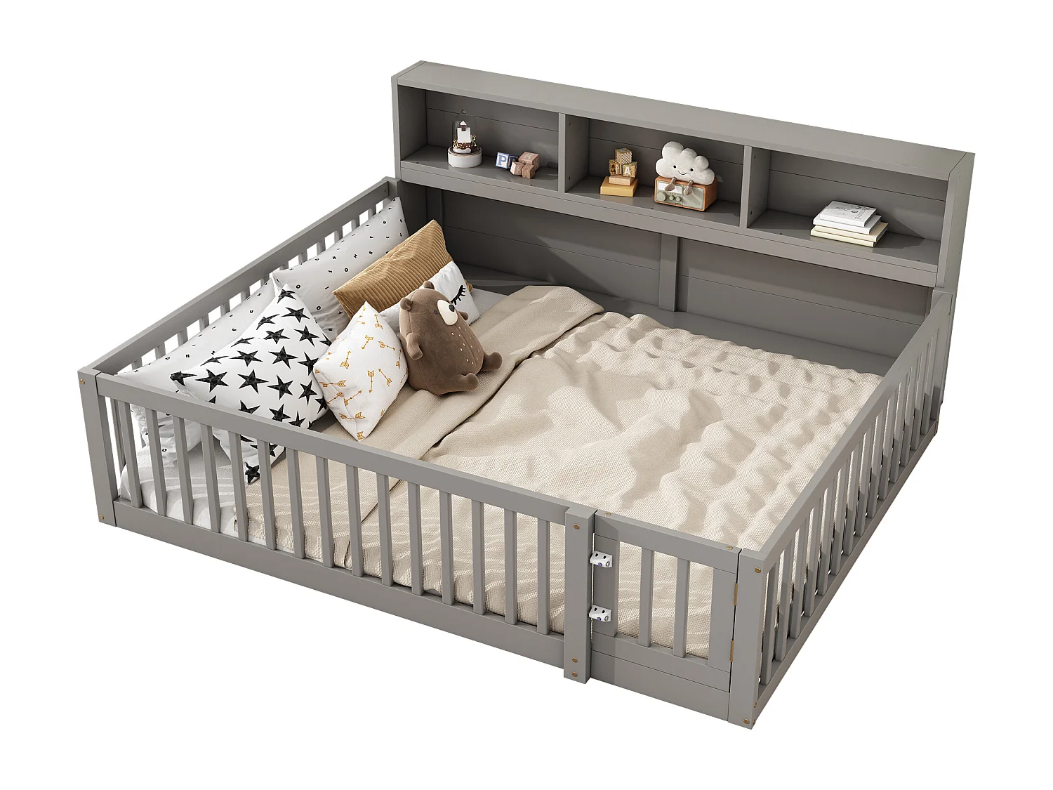 Letto in legno 140x200cm - con testiera contenitore e rete a doghe - Grigio