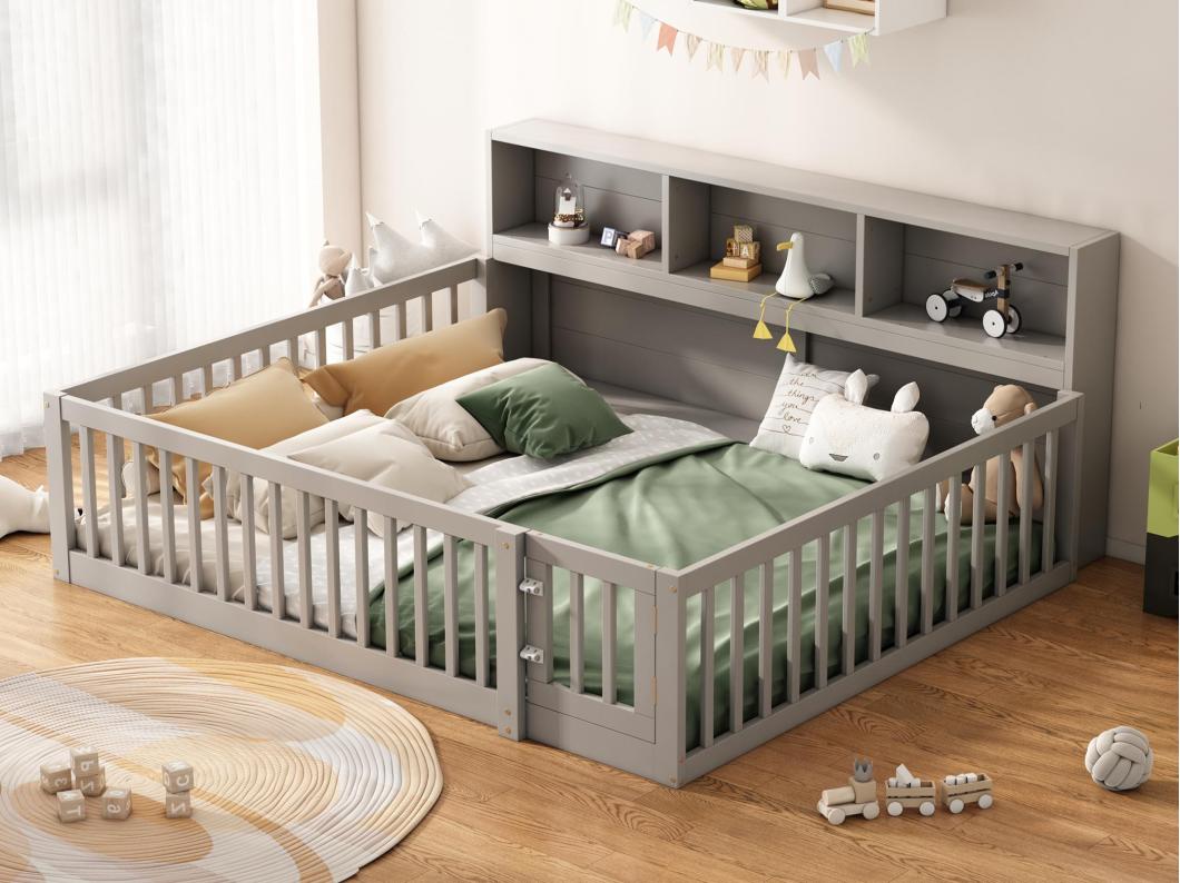 Cama de madera 140x200cm - con cabecero con almacenaje y somier - Gris