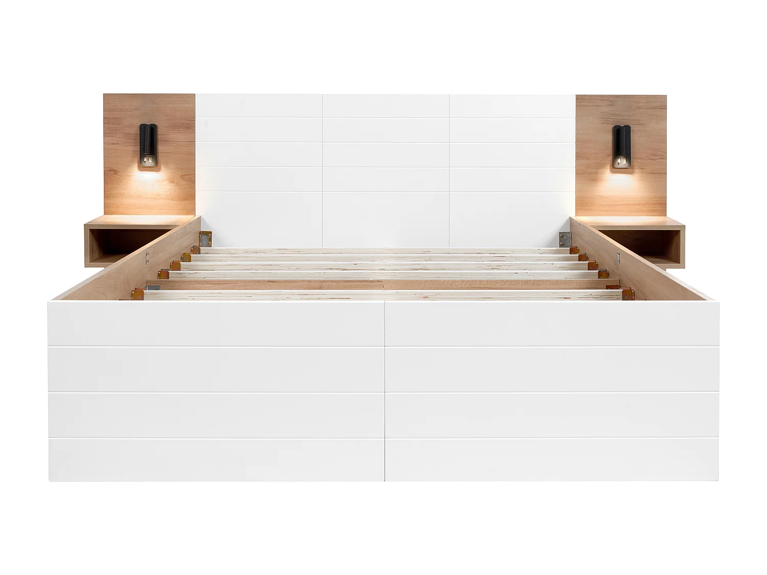 Tweepersoonsbed 180x200 cm in hout - met 2 nachtkastjes en 2 lades - 2 draaibare leeslampjes met USB-aansluiting - Wit & Naturel (matras niet inbegrepen)