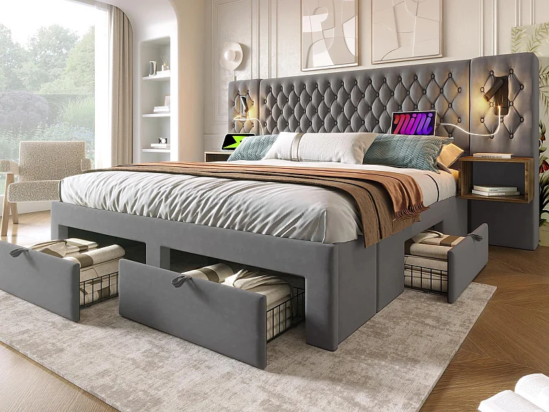 Samtbett für Erwachsene 180x200 cm – mit 2 Nachttischen und 4 Schubladen – 2 Leselampen mit USB-Anschluss – Grau (Matratze nicht im Lieferumfang enthalten)