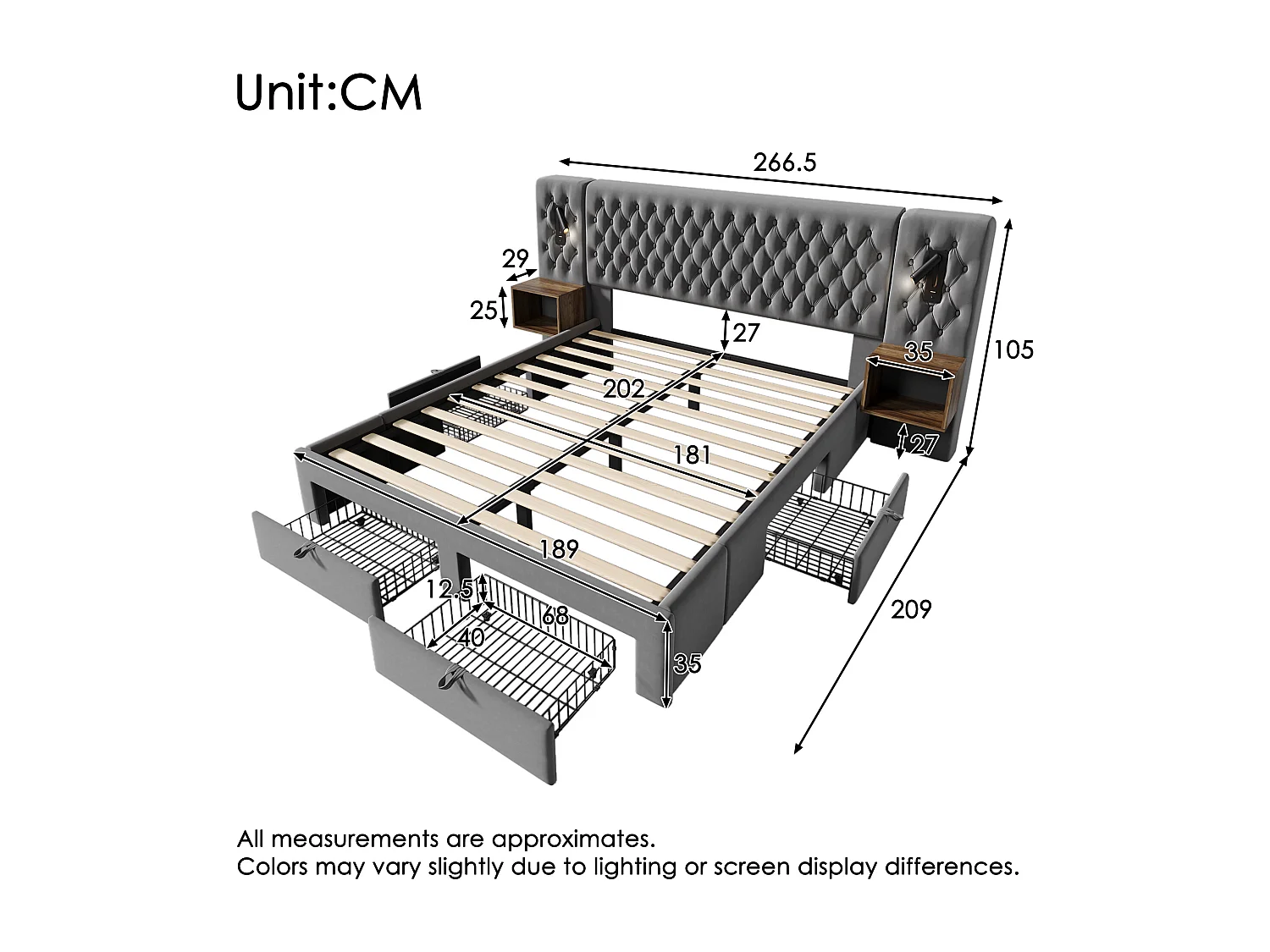 Lit adulte en velours 180x200 cm - avec 2 chevets et 4 tiroirs - 2 liseuses avec prise USB - Gris (matelas non inclus)