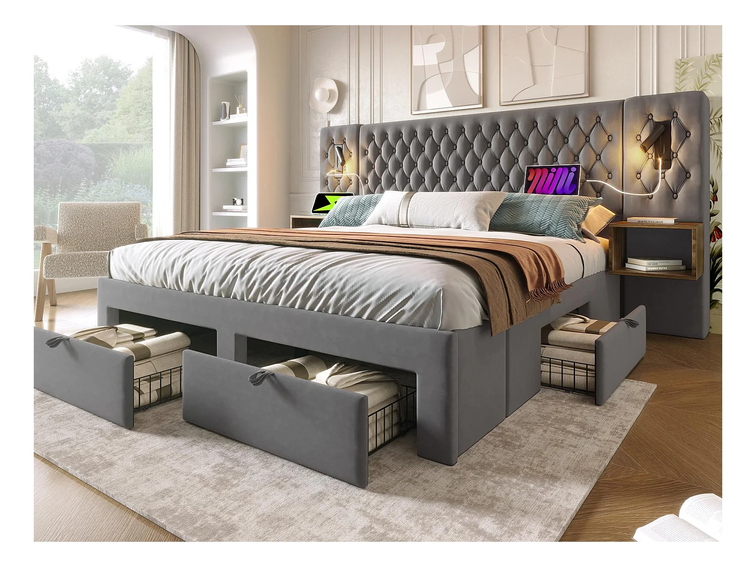 Lit adulte en velours 180x200 cm - avec 2 chevets et 4 tiroirs - 2 liseuses avec prise USB - Gris (matelas non inclus)