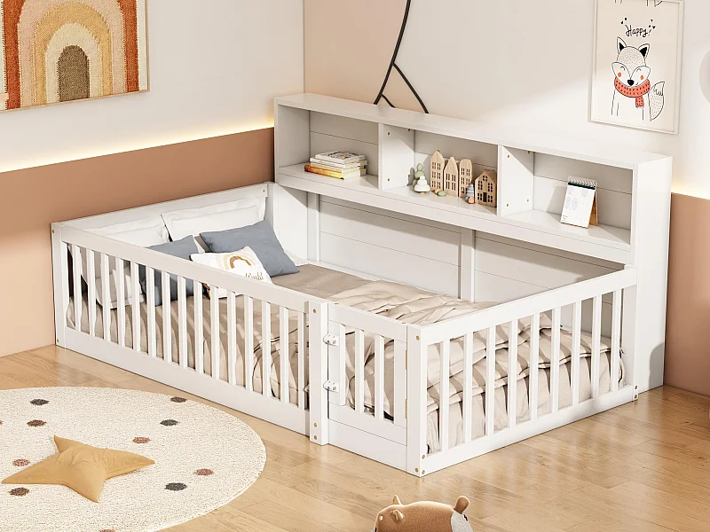 Cama de madeira 90x200cm - com cabeceira de arrumação e base de ripas - Branca