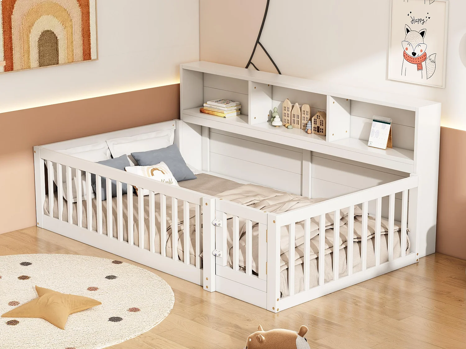 Cama de madeira 90x200cm - com cabeceira de arrumação e base de ripas - Branca