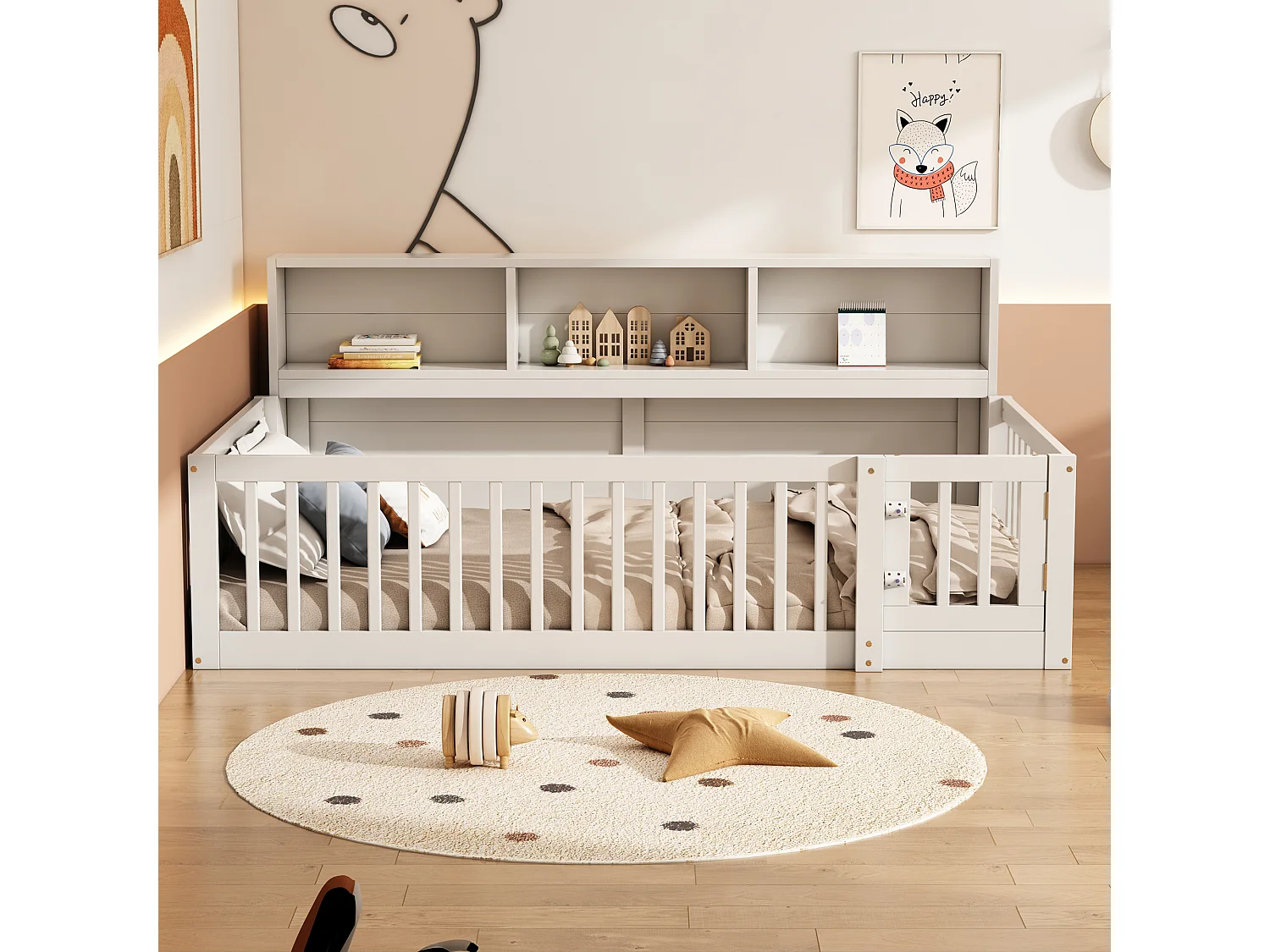 Cama de madeira 90x200cm - com cabeceira de arrumação e base de ripas - Branca