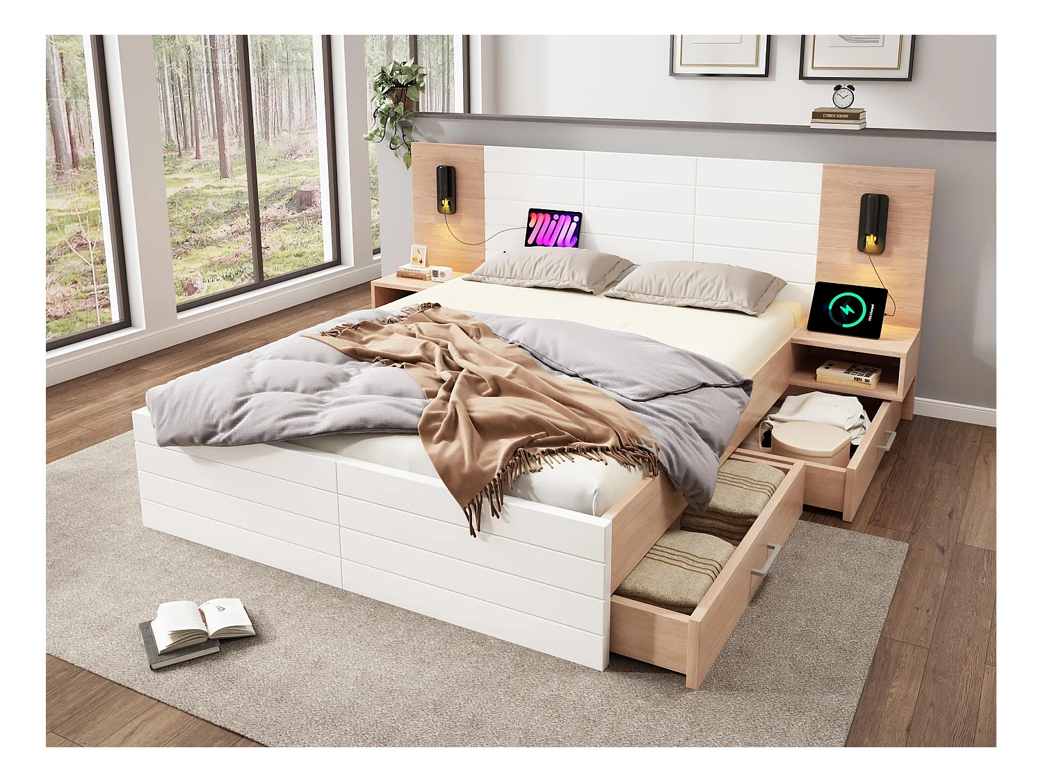 Lit double 160x200 cm en bois - avec 2 chevets et 2 tiroirs - 2 liseuses rotatives avec prise USB - Blanc & Naturel (matelas non inclus)