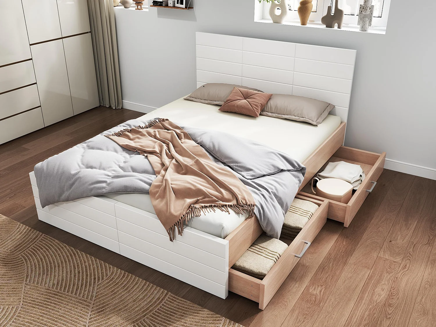 Doppelbett 180×200 cm aus Holz – mit 2 Schubladen und Lattenrost – Weiß & Natur (Matratze nicht im Lieferumfang enthalten)