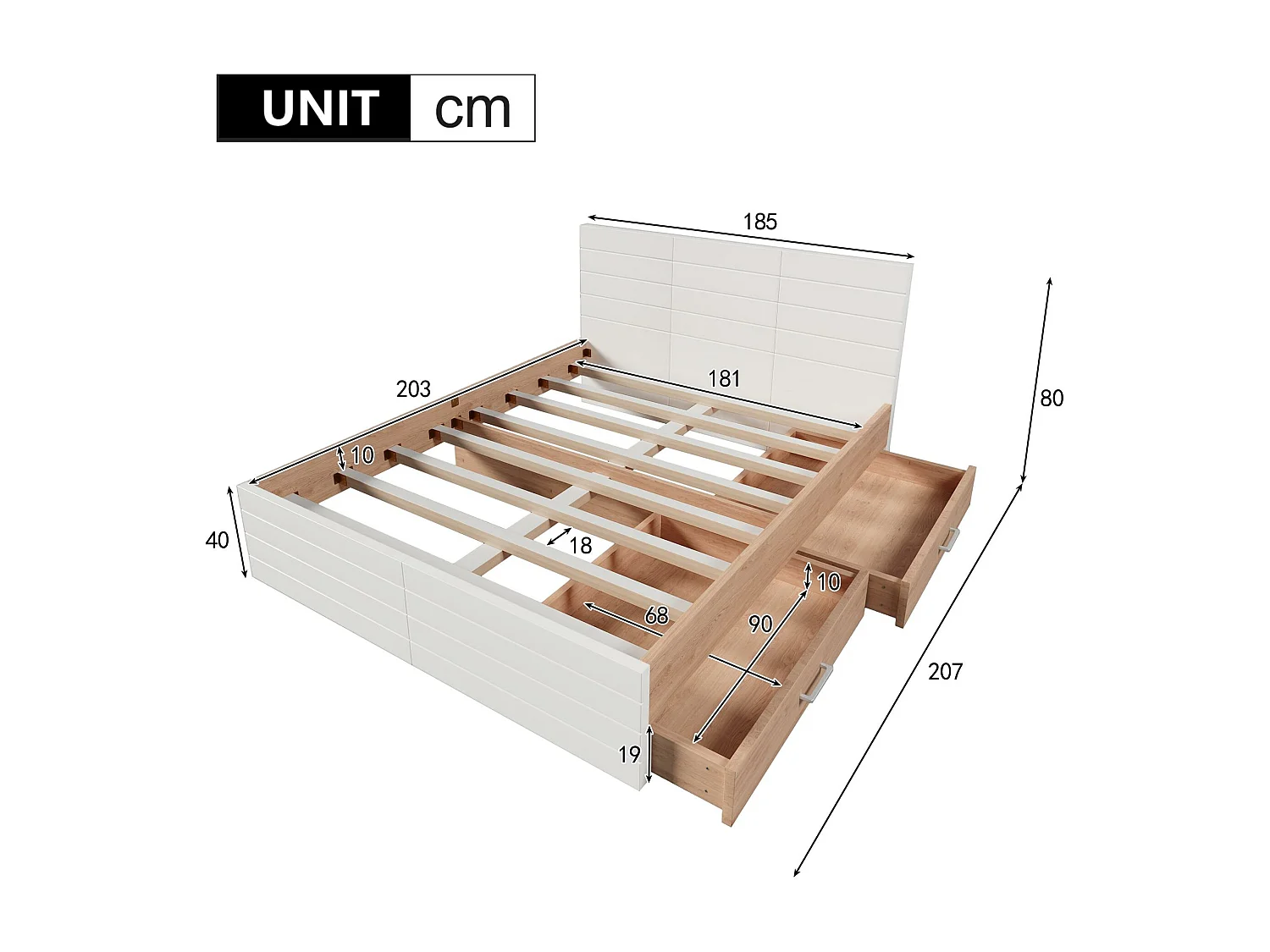 Doppelbett 180×200 cm aus Holz – mit 2 Schubladen und Lattenrost – Weiß & Natur (Matratze nicht im Lieferumfang enthalten)