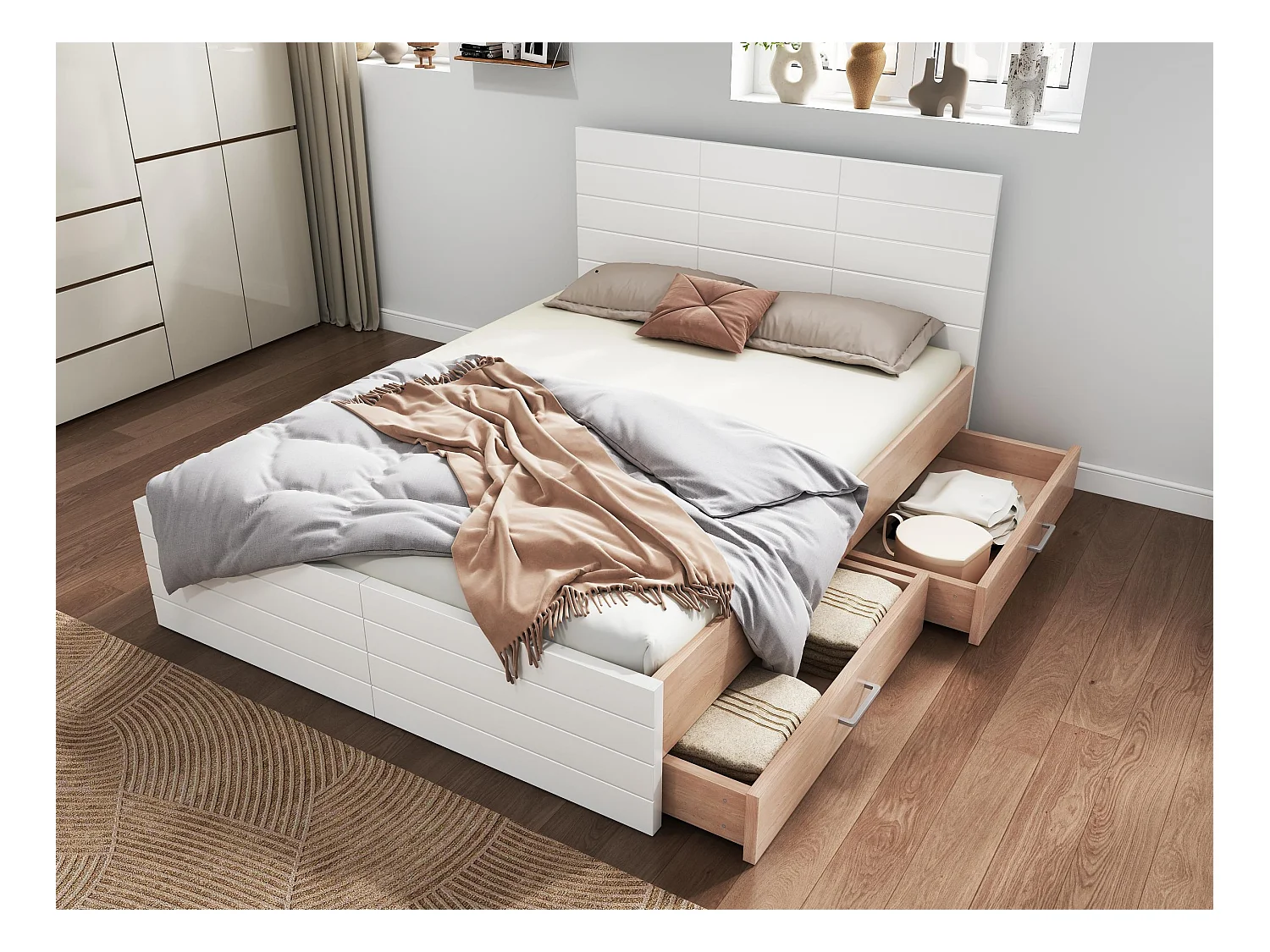 Lit double 180×200 cm en bois - avec 2 tiroirs et sommier à lattes - Blanc & Naturel (matelas non inclus)