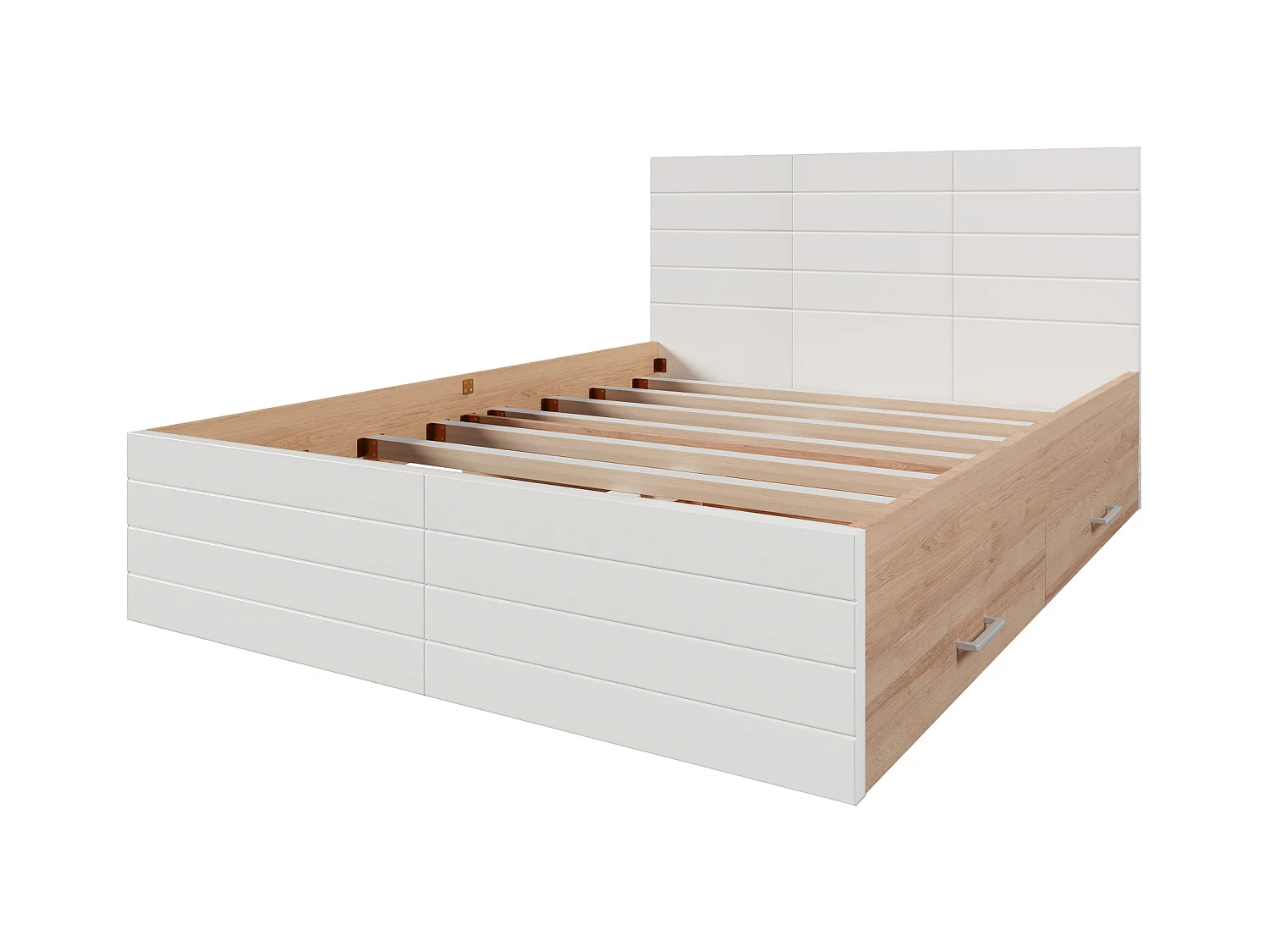 Lit double 180×200 cm en bois - avec 2 tiroirs et sommier à lattes - Blanc & Naturel (matelas non inclus)