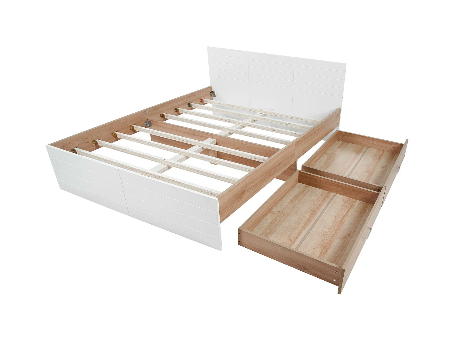 Lit double 180×200 cm en bois - avec 2 tiroirs et sommier à lattes - Blanc & Naturel (matelas non inclus)
