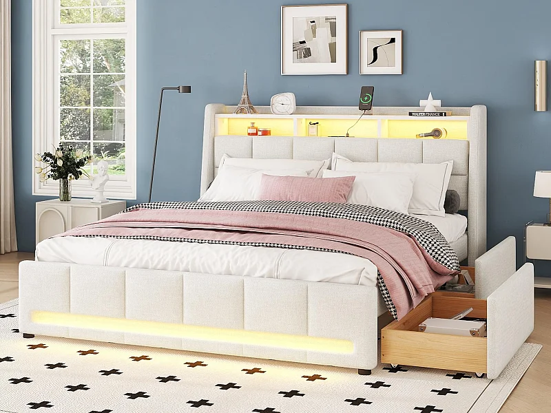 Lit double 160x200cm tissu en lin - avec 2 tiroirs + LED + prise USB - Beige