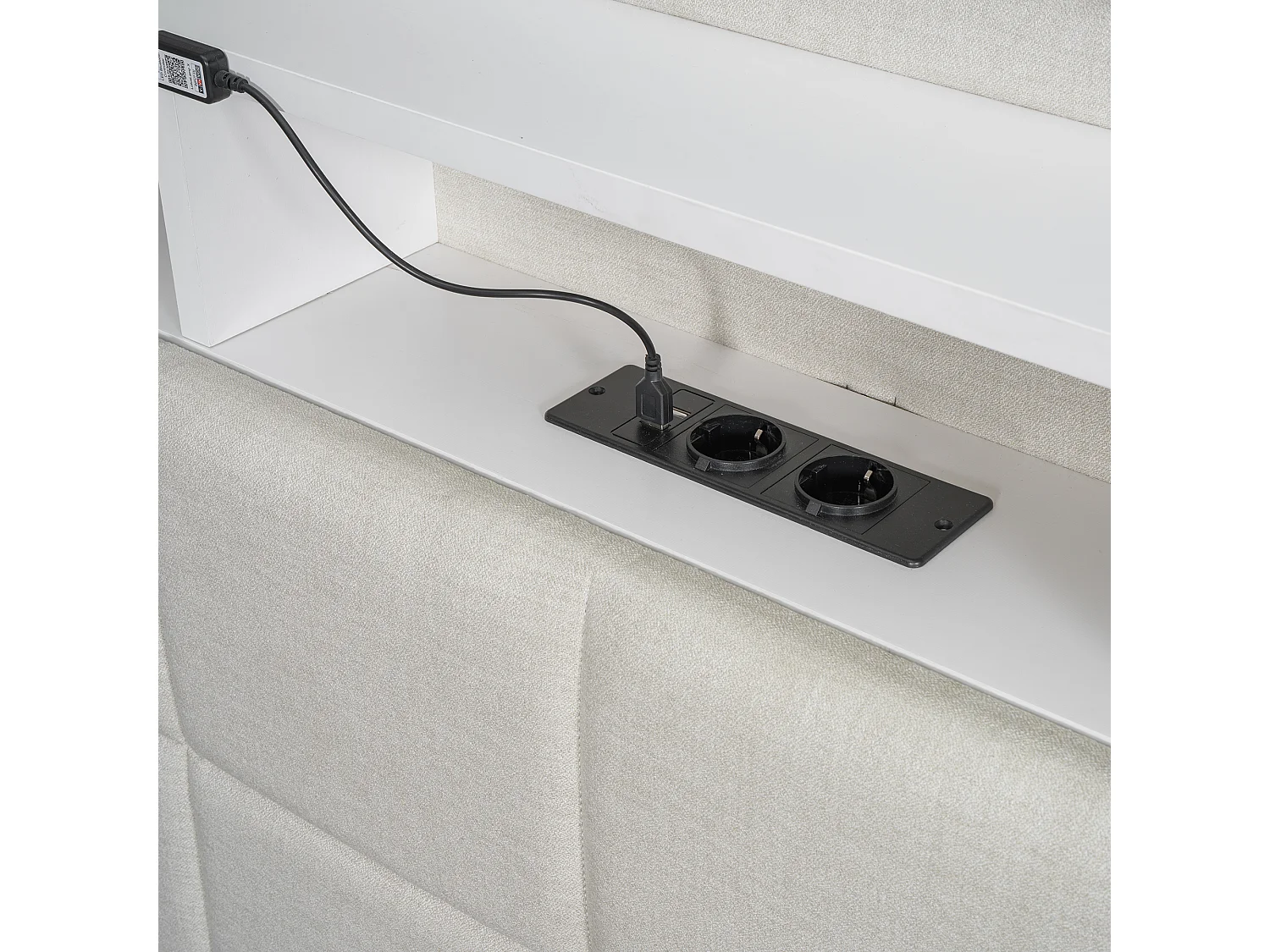 Tweepersoonsbed 160x200cm linnen stof - met 2 laden + LED + USB-aansluiting - Beige