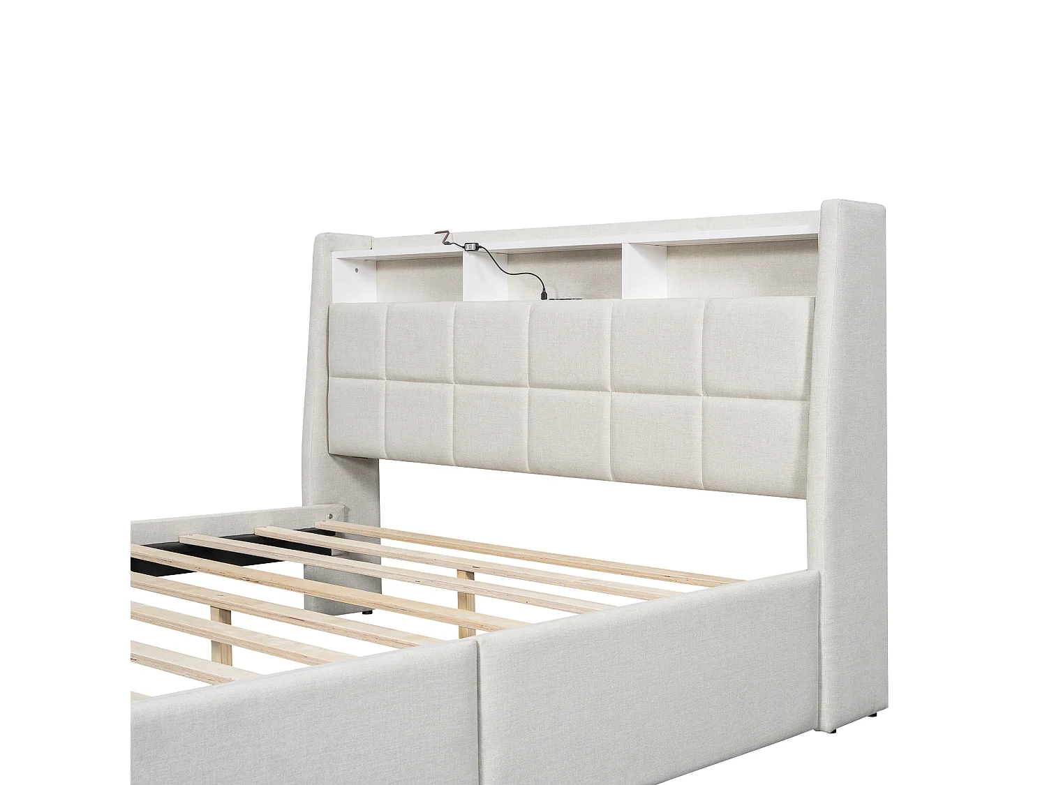 Tweepersoonsbed 160x200cm linnen stof - met 2 laden + LED + USB-aansluiting - Beige