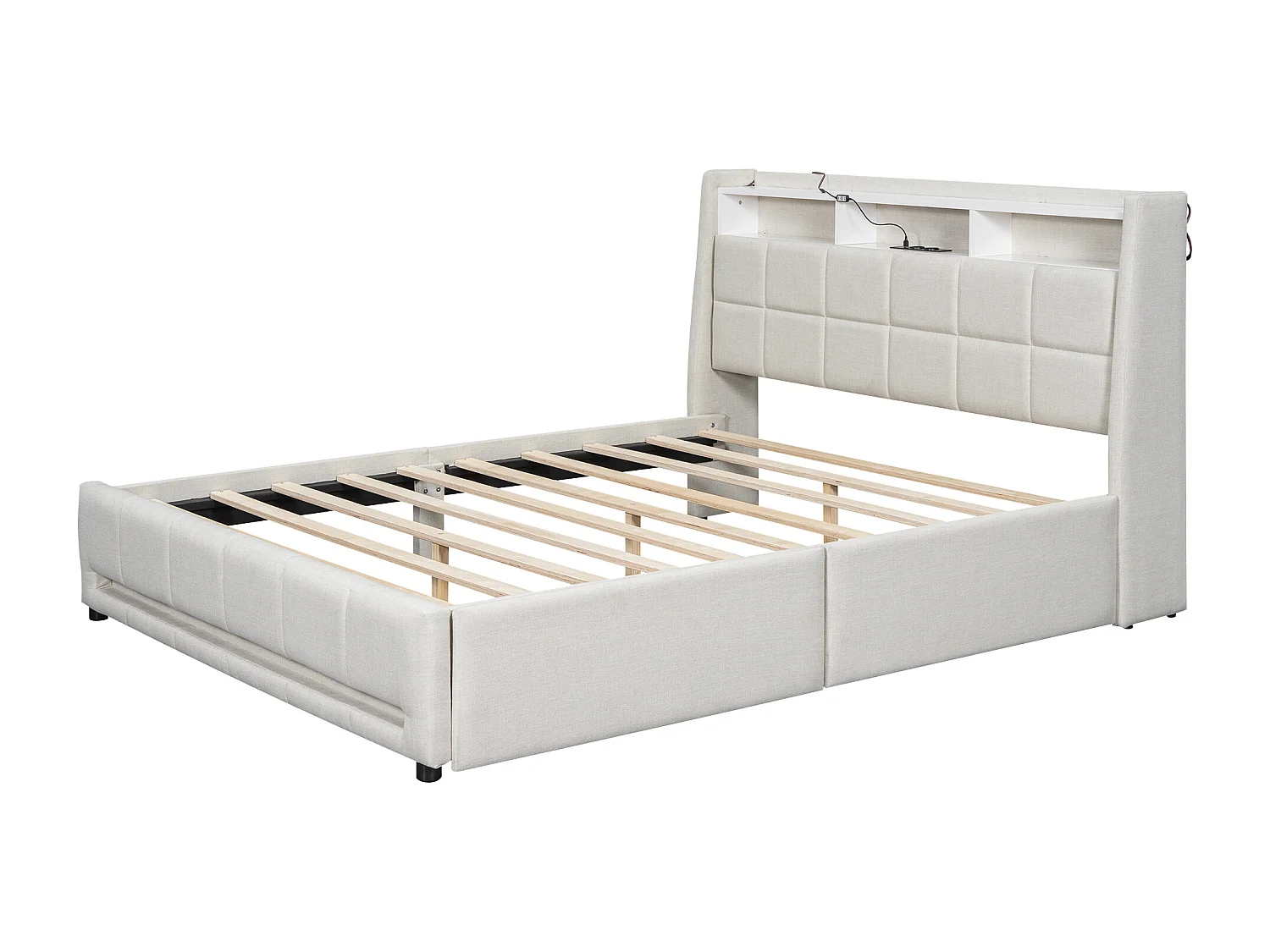 Tweepersoonsbed 160x200cm linnen stof - met 2 laden + LED + USB-aansluiting - Beige