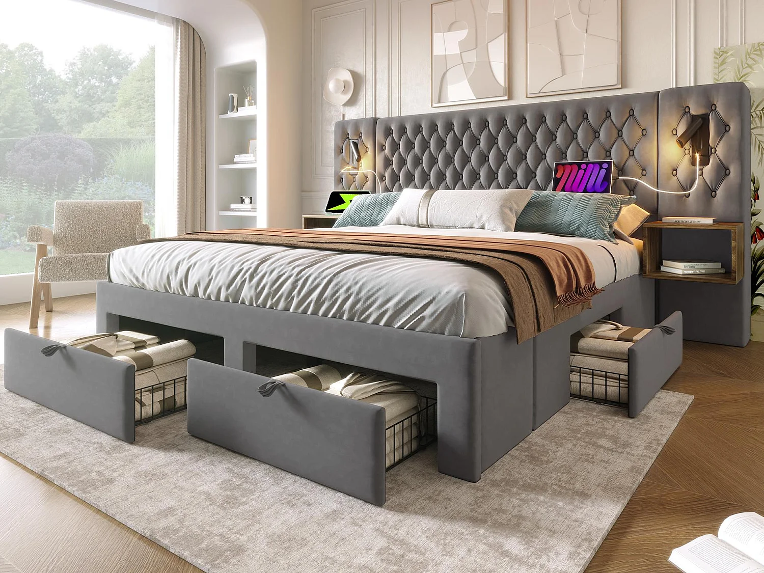 Fluwelen bed voor volwassenen 160x200 cm - met 2 nachtkastjes en 4 laden - 2 leeslampjes met USB-aansluiting - Grijs (matras niet inbegrepen)