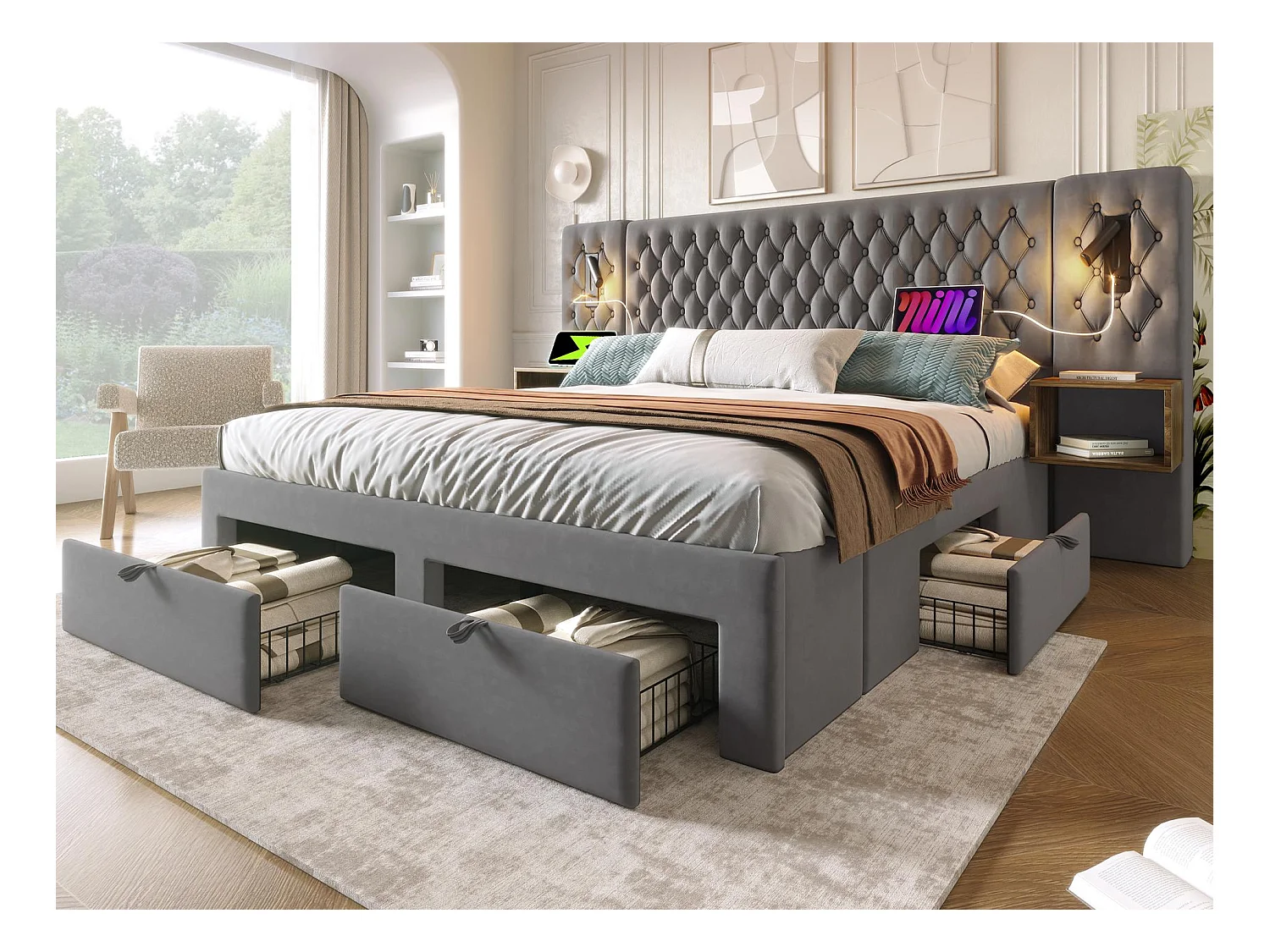 Lit adulte en velours 160x200 cm - avec 2 chevets et 4 tiroirs - 2 liseuses avec prise USB - Gris (matelas non inclus)