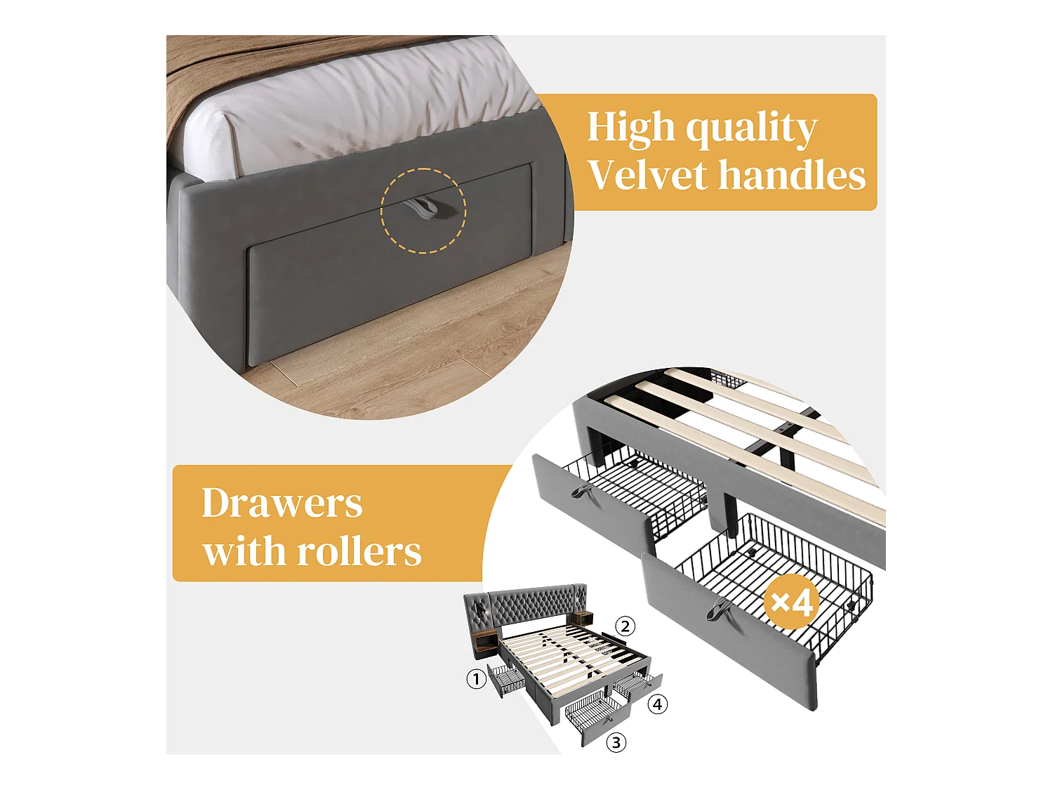 Lit adulte en velours 160x200 cm - avec 2 chevets et 4 tiroirs - 2 liseuses avec prise USB - Gris (matelas non inclus)