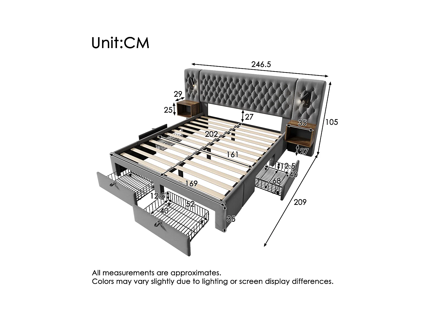 Lit adulte en velours 160x200 cm - avec 2 chevets et 4 tiroirs - 2 liseuses avec prise USB - Gris (matelas non inclus)
